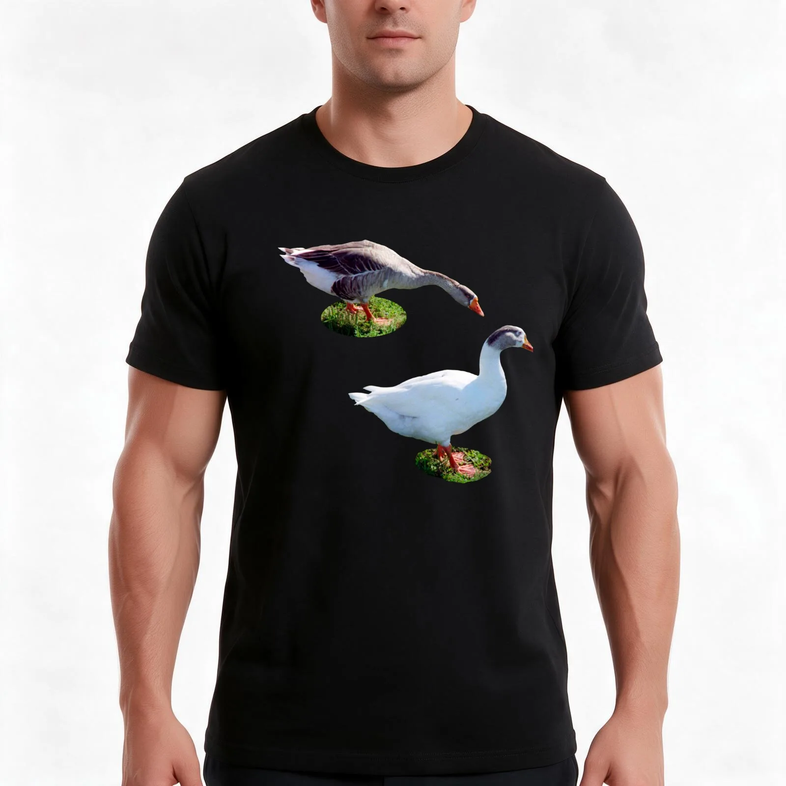 Two Geese T-Shirt, Summer Casual Cotton Tee, Oversized Streetwear Tops, Vintage Graphic Print, Loose Fit Short Sleeve