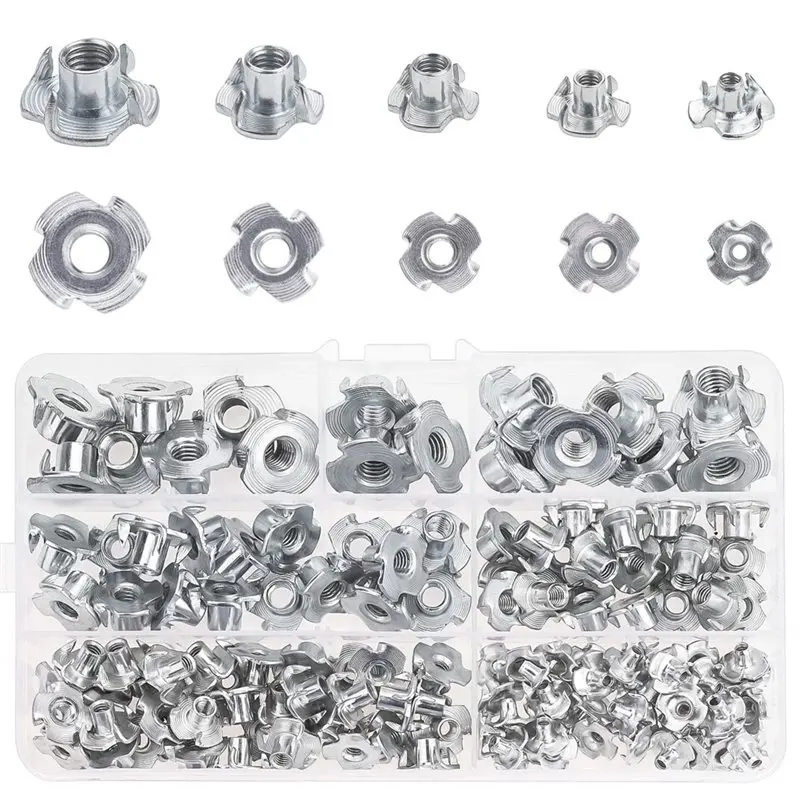 A04G-M3 M5 M6 M8 Carbon Steel T-Nuts 130 Pieces Four Claws Nut Assortment Kit For Wood, Rock Climbing Holds, Cabinetry