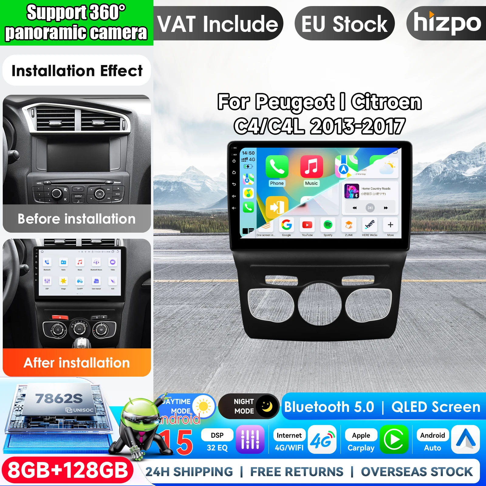 Hizpo Autoradio 10,1 pouces pour Peugeot Citroën C4 C4L 2013-2017, Carplay sans fil, lecteur multimédia vidéo Android, autoradio 2 DIN, GPS stéréo, systèmes intelligents, écran tactile IPS, navigation BT GPS 4G WIFI FM AM DSP RDS SWC MirrorLink