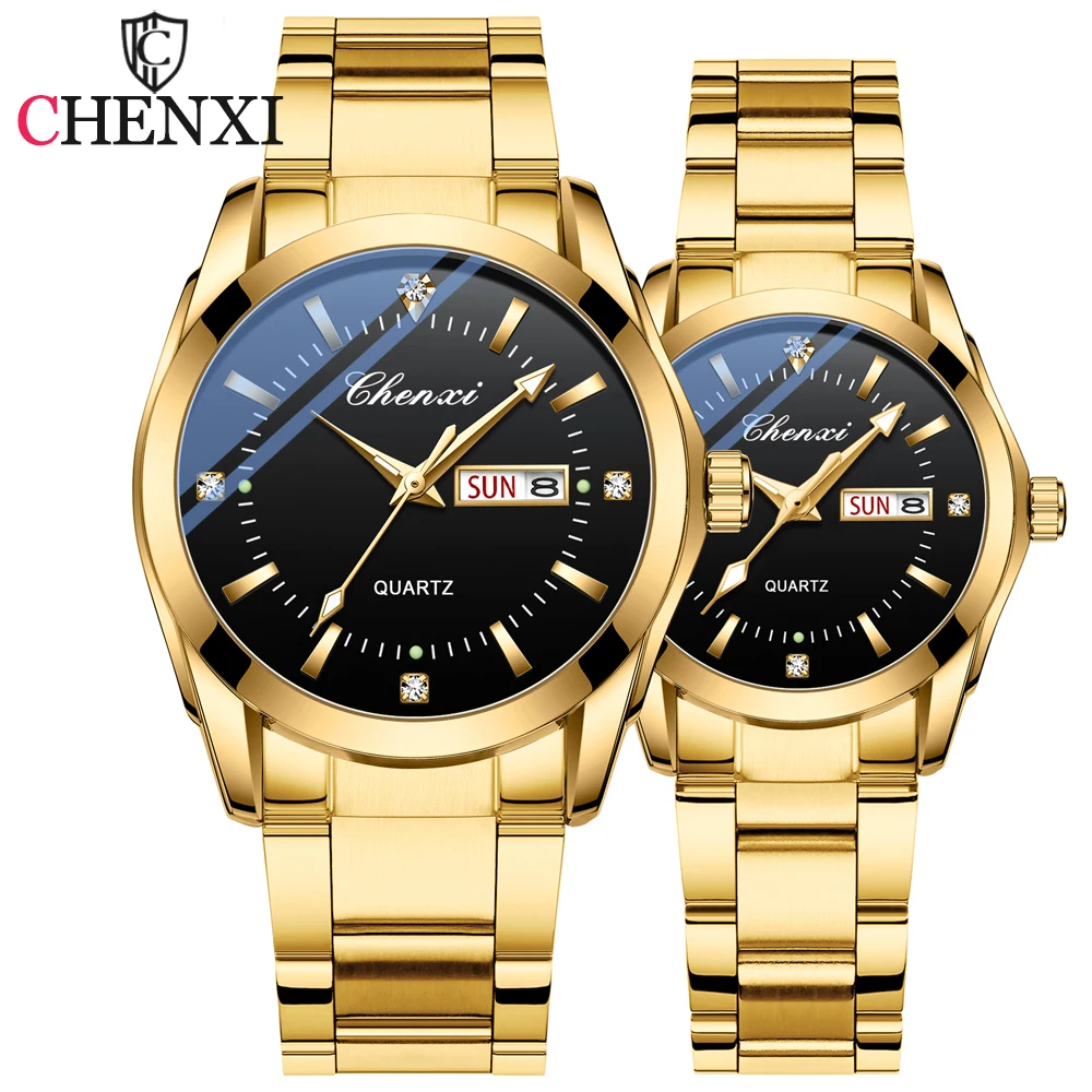 CHENXI Golden Quartz Watch for Women Men Fashion Luxury Style Ladies Wristwatch Waterproof Stainless Steel Couple Clock