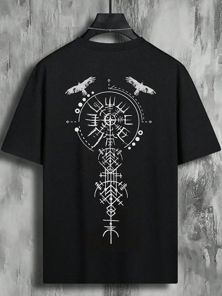 Retro Men's Crew Neck Short-Sleeve T-Shirt Mens Gothic Nordic Rune Compass Pattern T-Shirt Comfortable Ethnic-Style Short-Sleeve