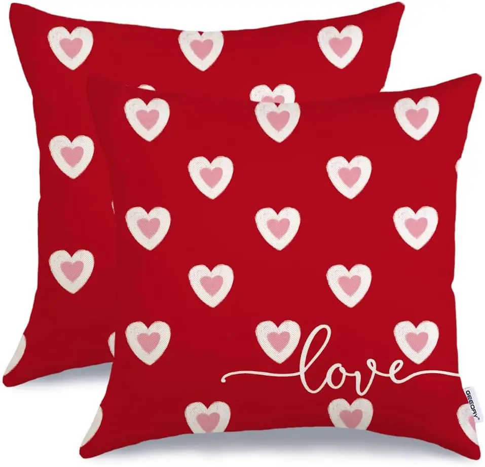 Love Valentines Day Pillow Covers 18x18 Inch Set of 2 Red Hearts Farmhouse Decorative Throw Pillowcases for Home Sofa Couch