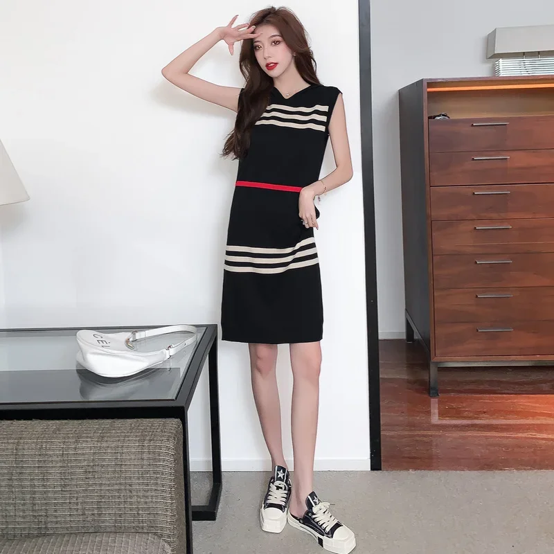 YUQI Basic Striped Knitted Dress Summer Casual Loose Hooded Sleeveless Knee-Length Dresses for Women 2024 Elegant Sweet Vestidos