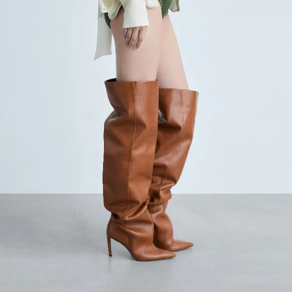 2026 Women's Shoes Pointed Tapered Heel Pleated Pile Boots Sleek 46 Large Size High Heel Knee Boots Women's High Boot