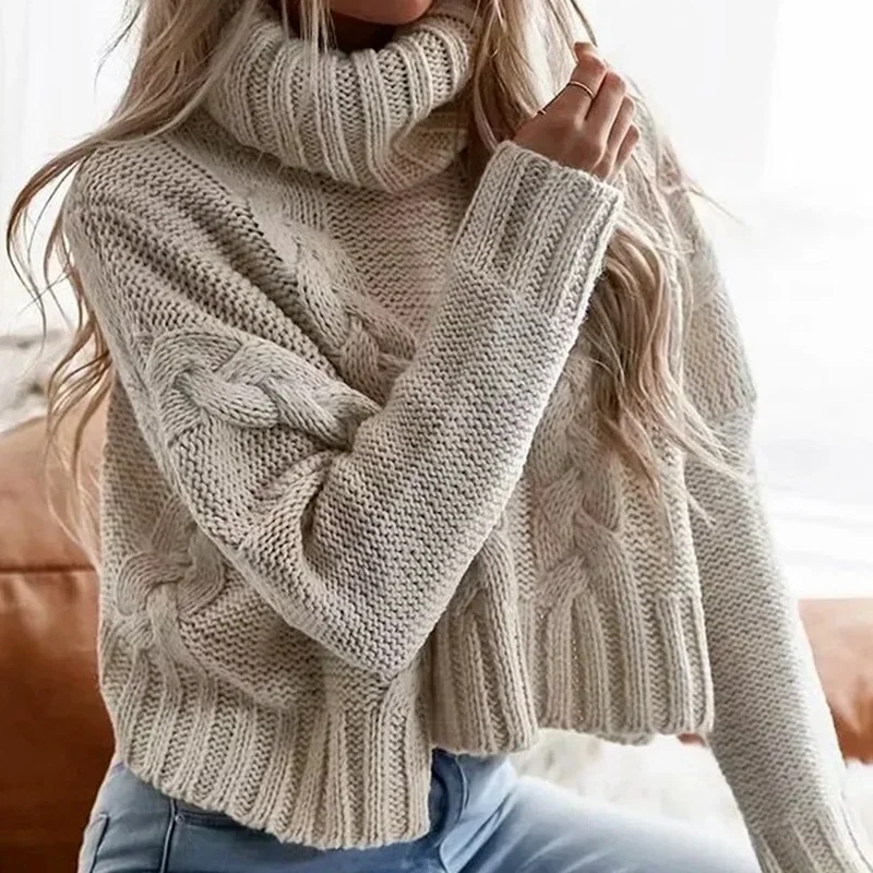 Suéter de cuello alto corto blanco para mujer, Jersey de punto, suéteres casuales sueltos de manga larga, otoño e invierno, nuevo