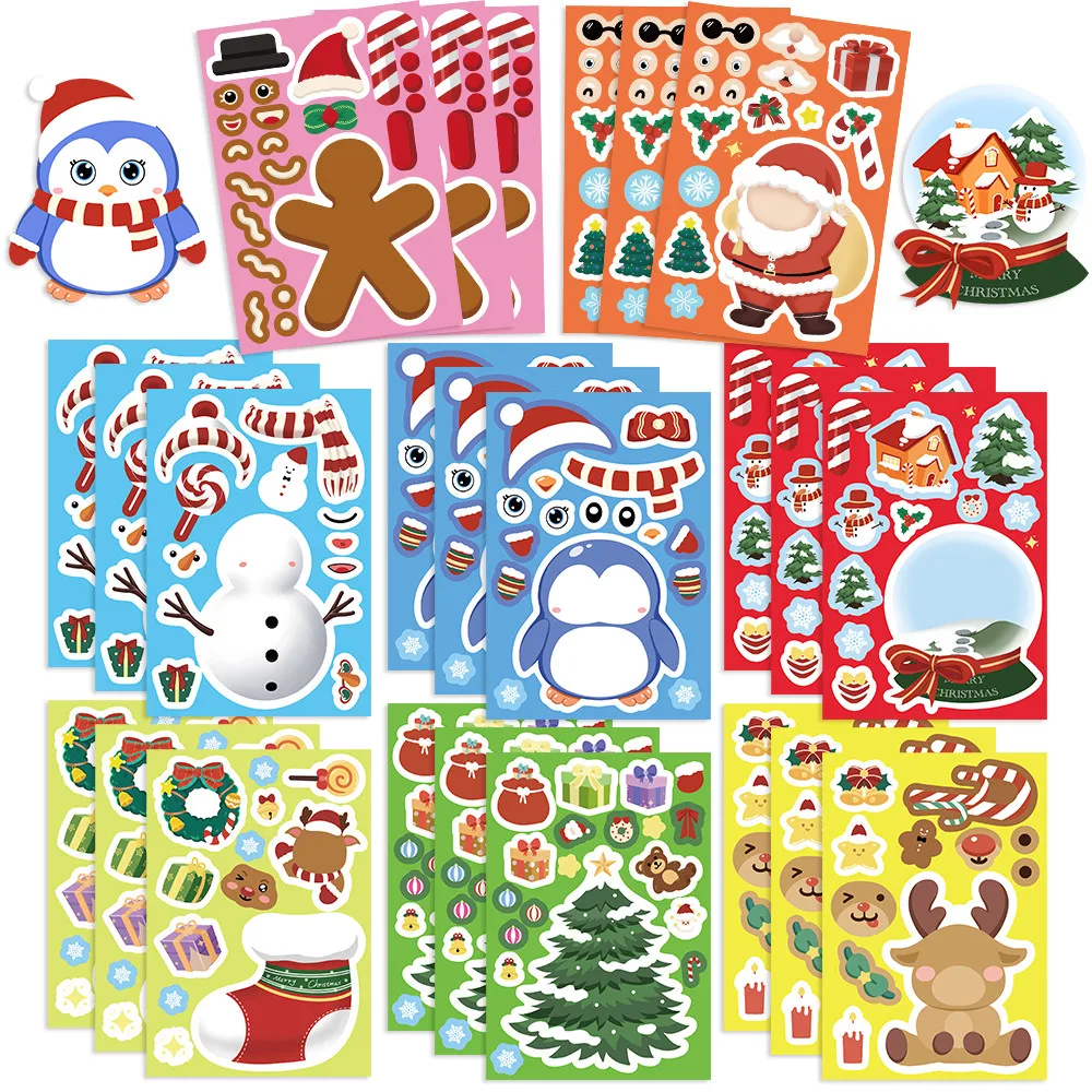 Festive Christmas Character Face Assemble Stickers 8 Sheets Creative Scrapbooking Transparent Decor Golden Memory Stickers Store