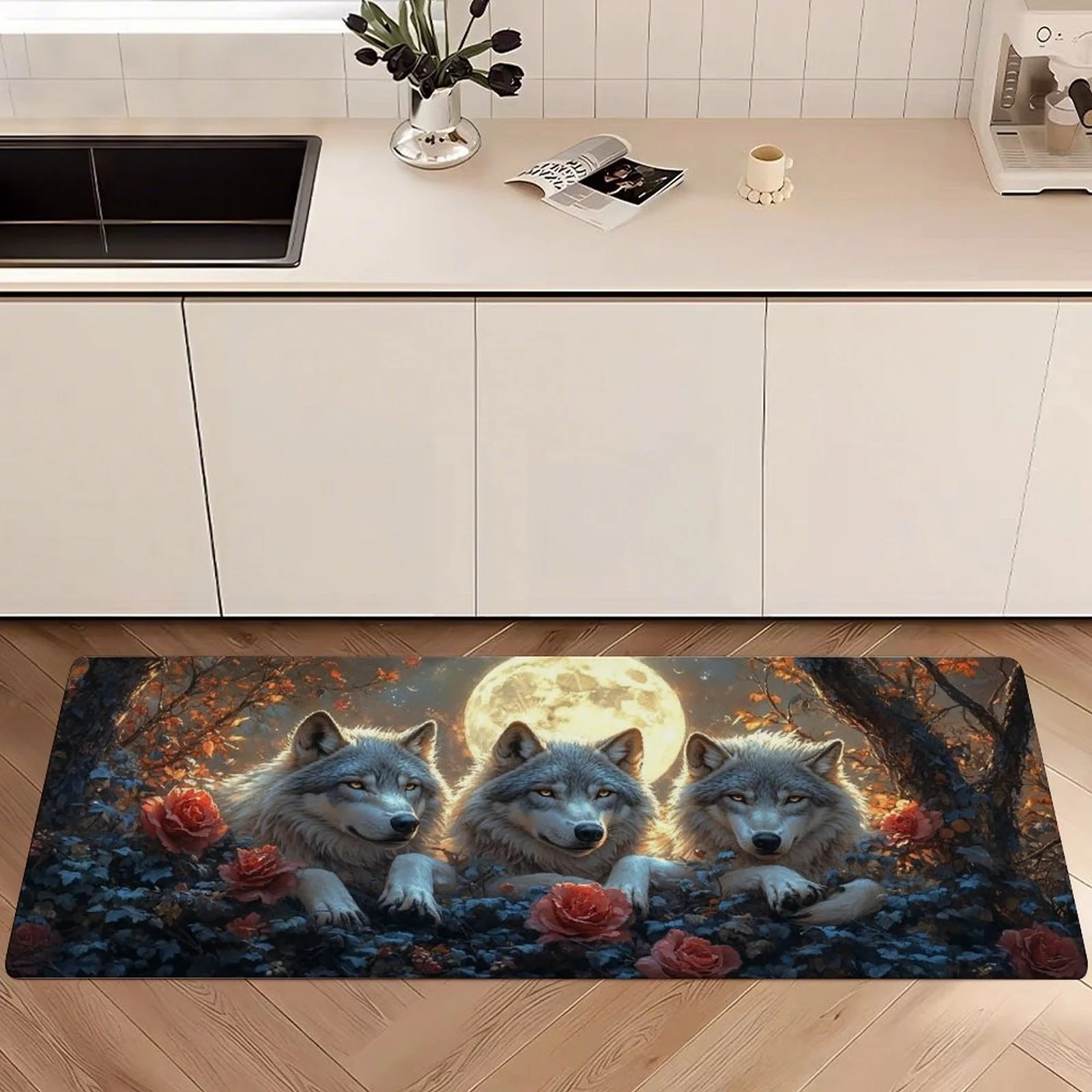 Dark Forest Three Gray Wolves Full Moon Red Rose Runner Rug, non-slip soft carpet, wild animal mat for kitchen entryway hallway