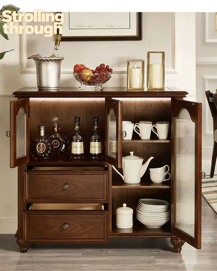 

American solid wood dining side cabinet retro kitchen locker locker European living room wall side cabinet wine cabinet