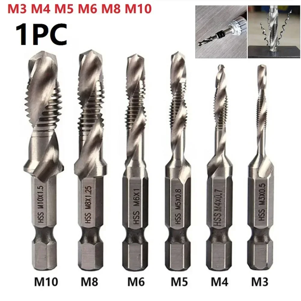 1PC Tap Drill Bit Hex Shank HSS Threaded Bit Screw Machine Compound Tap Hss Taps Countersink Deburr M5 M6 M8 M10 Hand Tool