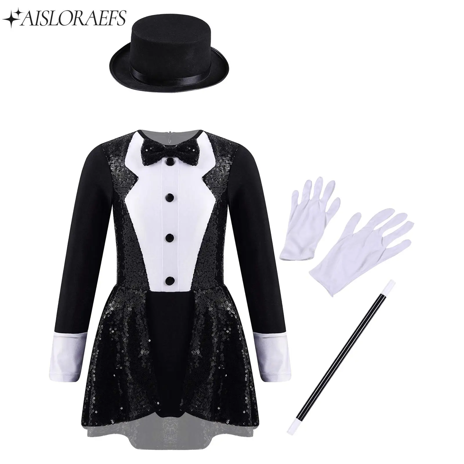 Girls Magician Costumes Sets Long Sleeve Tie Back Leotard with Hat Magic Wand Gloves for New Year Halloween Cosplay Performance