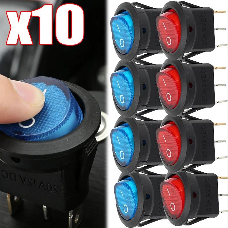 1/2/5/10pcs LED Red Round Boat Rocker Switch with LED 20A 12V for Househeld DIY Replacement on/Off 3-Pin 2-Position Snap
