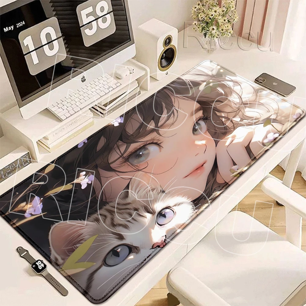 Gaming Mouse Pad Gamer Carpet Kawaii Girl and Cat Keyboard Carpet Extened Computer Office Accessories Anti-slip Rubber Desk Mats