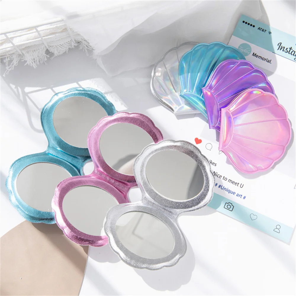 Shell Shape Makeup Mirror Double-Sided 2X Magnifying Vanity Folding Laser Mini Pocket Cosmetic Mirror Hand Compact Beauty Mirror