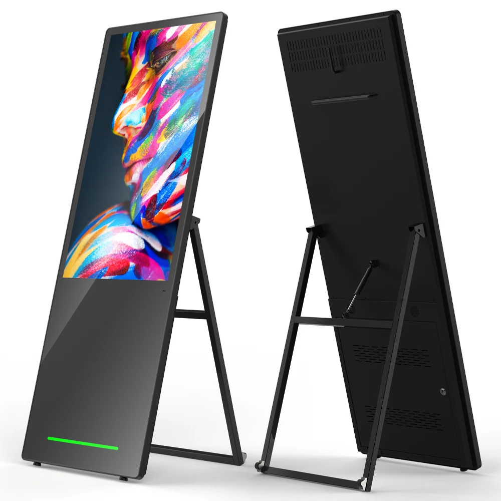 مشغل إعلانات داخلي لافتات رقمية محمولة مقاس 43 بوصة، ملصق رقمي LCD يعمل باللمس الذكي وبطارية أندرويد