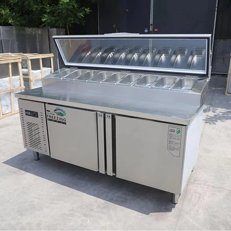 Mesa de operação de salada sem gelo de bancada refrigerada comercial com características de manutenção fresca com opções de resfriamento de ar e ventilador