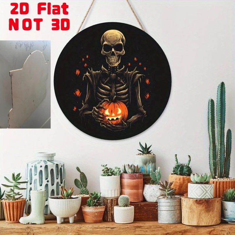 2D Flat, Pendants, Drops & Finials, Halloween Skull And Pumpkin Wooden Welcome Signs - Eerie Skull Decor with Jack-O'-Lantern, R
