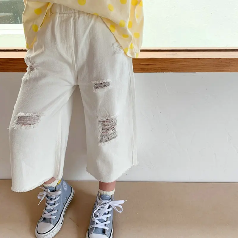 Boys and Girls Pants Ripped Washed Wide-leg Pants Jeans 2025 Summer New Children's Clothing 3-8 Years Old