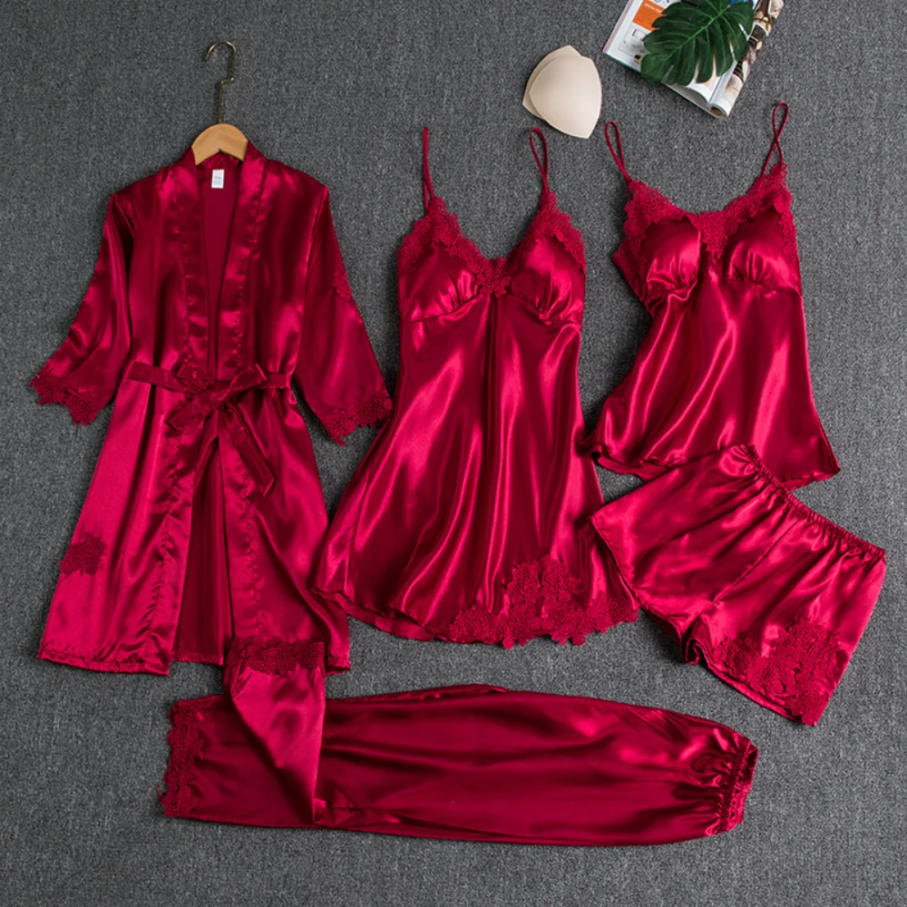 5pcs/Set Silk Robe Sleep Suit Women Lace Satin Pajamas Gown V Neck Dresses Nighties Wear Pijama Home Nightwear Summer Nightdress