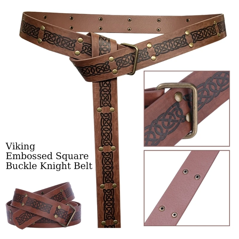 Nordics PU Leather Knight Belt Vintage Embossed Buckles Belt Medievals Belt Renaissances PU Leather Rings Belt