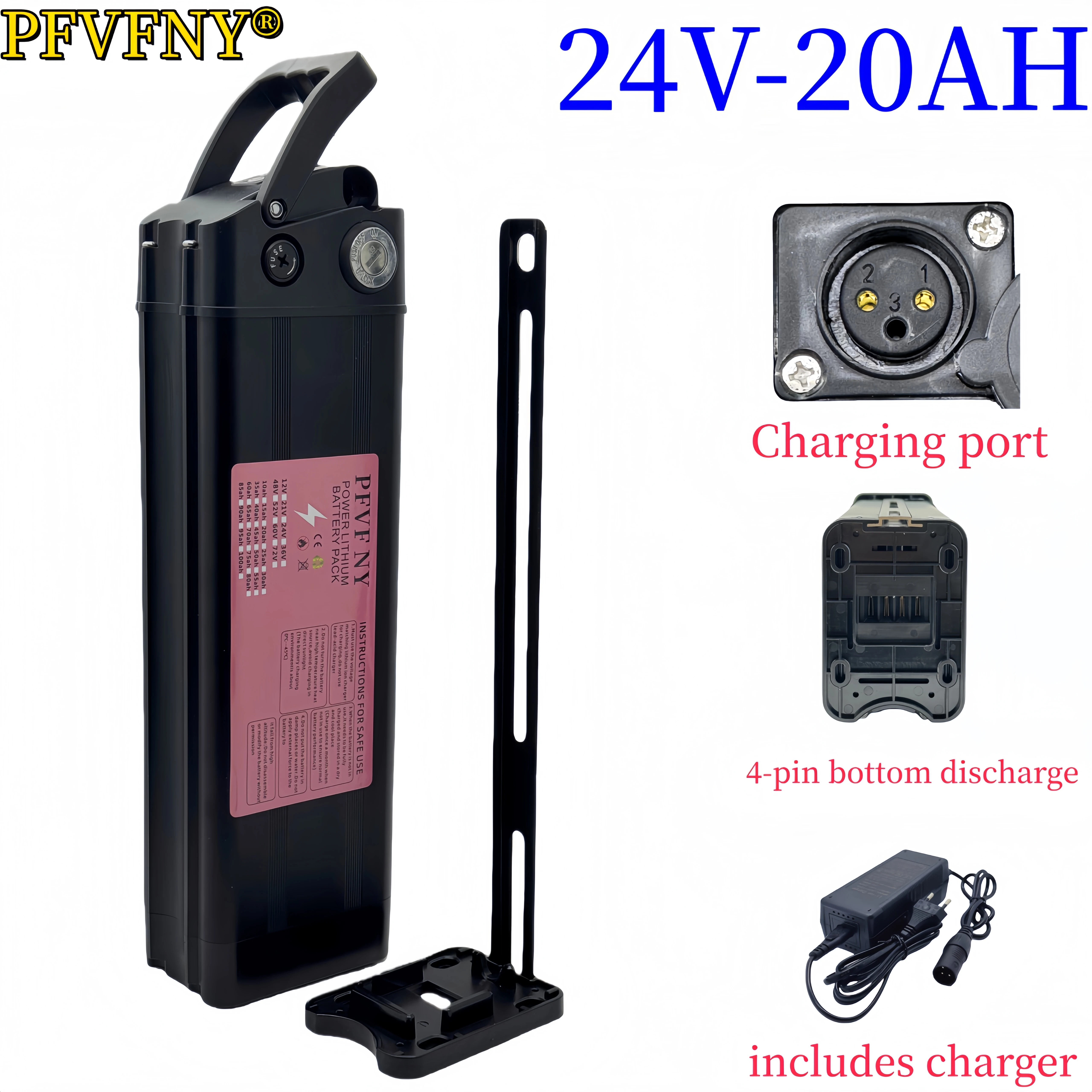 4-pin black silver fish lithium battery 24V 20-80AH 18650 lithium battery anti-theft and waterproof, air freight 
