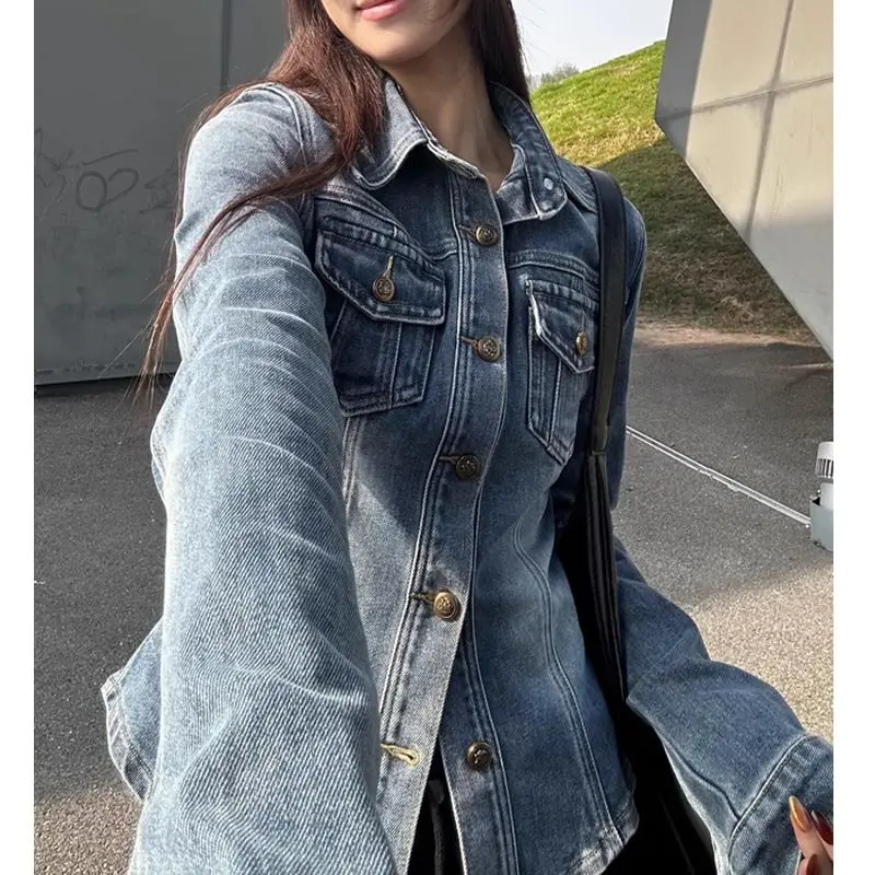 

Американская джинсовая рубашка POLO с синим воротником в стиле ретро, женская высококачественная приталенная куртка с талией, топ