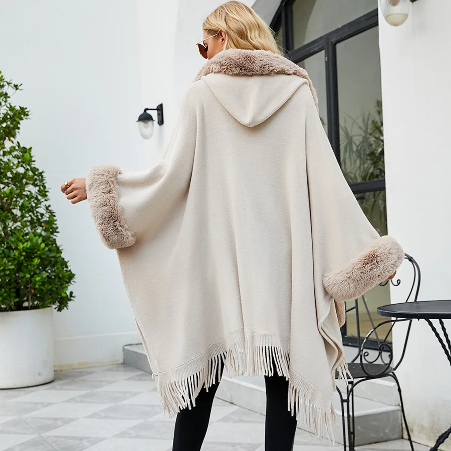 Fast Delivery Faux Fur Coat Tassel Cape Hooded Poncho Knitting Loose Plus Size Women\'s Winter Coats Shawl Fashion Solid Color