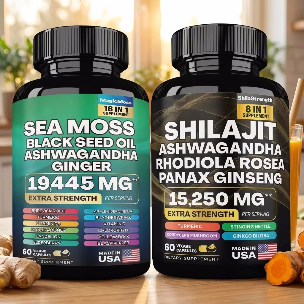 Natural Energy Focus Stress Relief Sea Moss Shilajit Supplement , Extra Strength Ashwagandha Ginger Turmeric Dietary Supplement