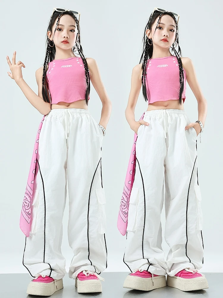 Summer Girls Jazz Dance Clothes Pink Vest White Hip Hop Pants Ballroom Practice Clothing Street Dance Performance Suit BL13000