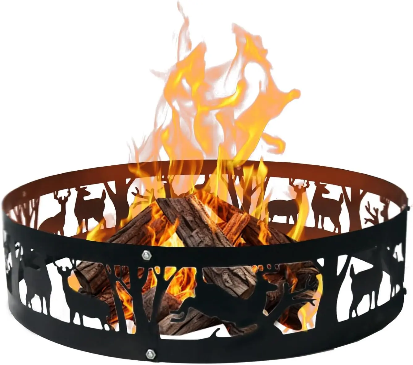 

36 Inch Fire Pit Ring Portable: 9 Inch Metal Liner Insert Outdoor Wood Burning with Deer Wolf Cutouts - Steel Campfire Rims f