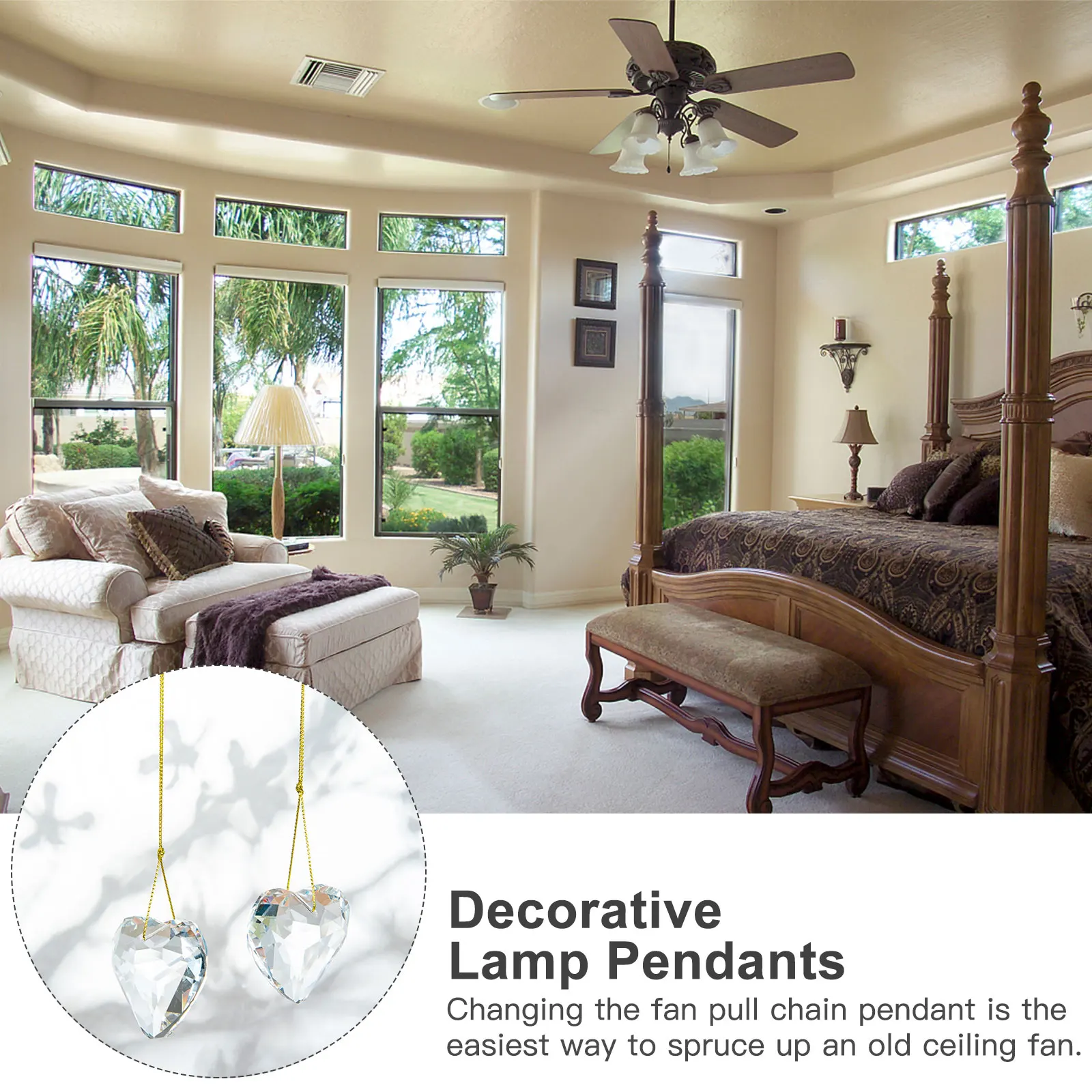 

2Pcs Heart Shape Crystal Fan Light Pull Chain Pendant Decorative Ceiling Fan Hangings Elegant Home Chandelier Pendant