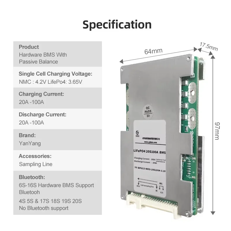 Yanyang BMS 20S 20A 40A 60A 100A ฮาร์ดแวร์ BMS สําหรับ EBike Escooter 64V LifePo4 แบตเตอรี่ Pack