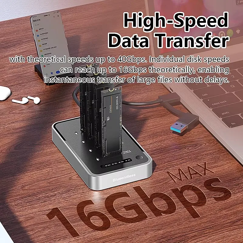 USB4 NVME 4 Bays Tool Free NVME M.2 SSD Enclosure SSD External Case with 1:3 Clone Duplicator Solid State Drive M2 NVME view 3