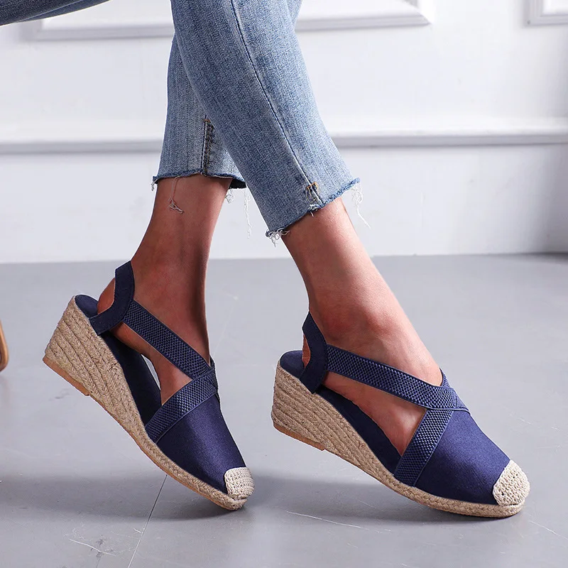 Grandi dimensioni estate donna tacchi alti espadrillas suola sandali con zeppa pantofola femminile paglia tessitura gladiatore Slingback scarpe da