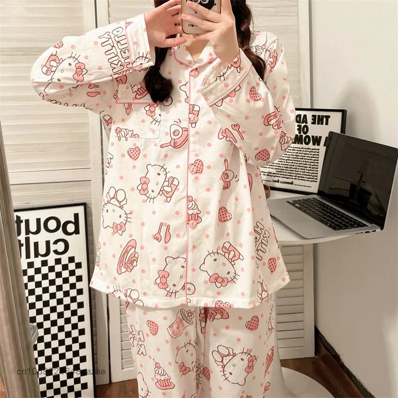 Sanrio Hello Kitty Printed Cartoon Pajamas Girls Spring  Autumn Long Sleeve Cotton Home Clothes Set Y2k Soft Tracksuit For Women