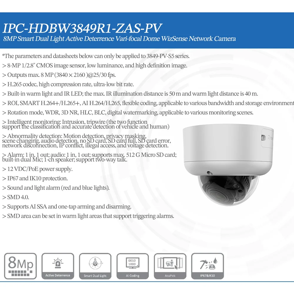 Dahua Original IPC-HDBW3849R1-ZAS-PV S5 8 MP Smart Dual Light Active Deterrence 5X ZOOM Vari-focal Dome WizSense Network Camera