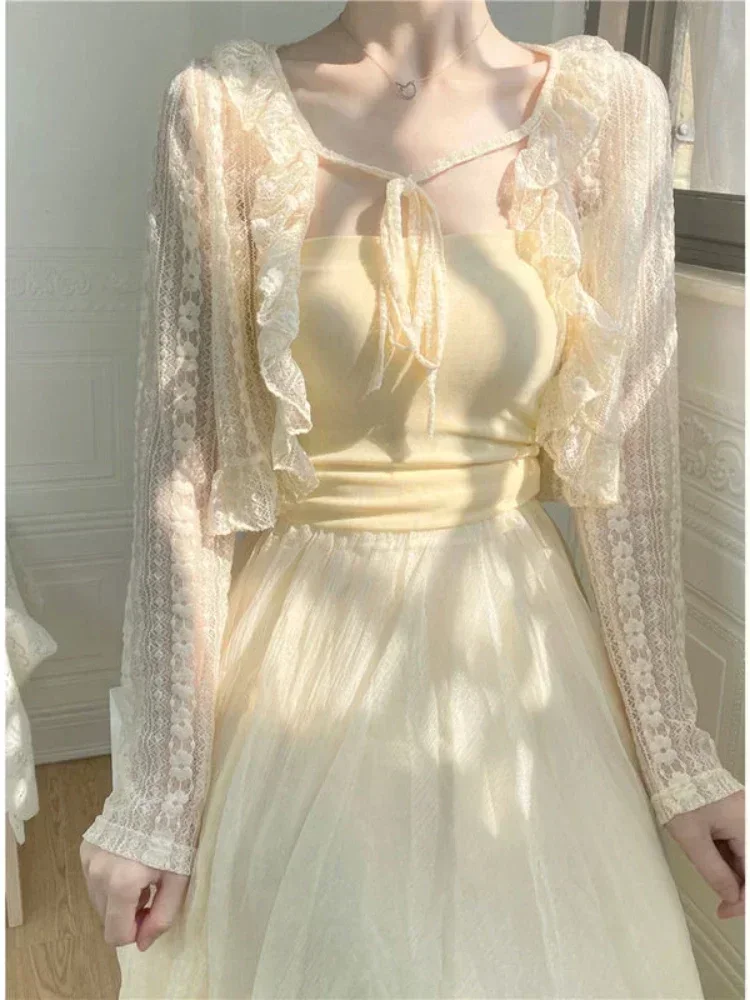 

Summer Chiffon Crop Sunscreen Blouse Women Korean Fashion Lace Up V Neck Long Sleeve Cardigan Sweet Lace Thin Hollow Out Smock