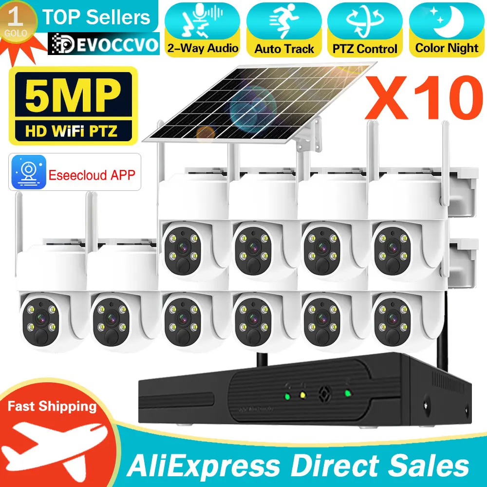 

10CH 5MP NVR Lower Consumption Solar Panel Battery Track Surveillance Sysrtem Wireless 4MP PTZ Security Camera Surveillance Kit