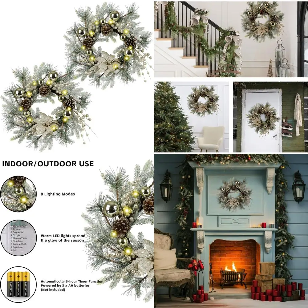 

20-дюймовый рождественский венок из 2 с подсветкой, шариками, шишками, золотыми ветками, сосновыми иглами, серебряными ягодами — идеально подходит для входной двери I