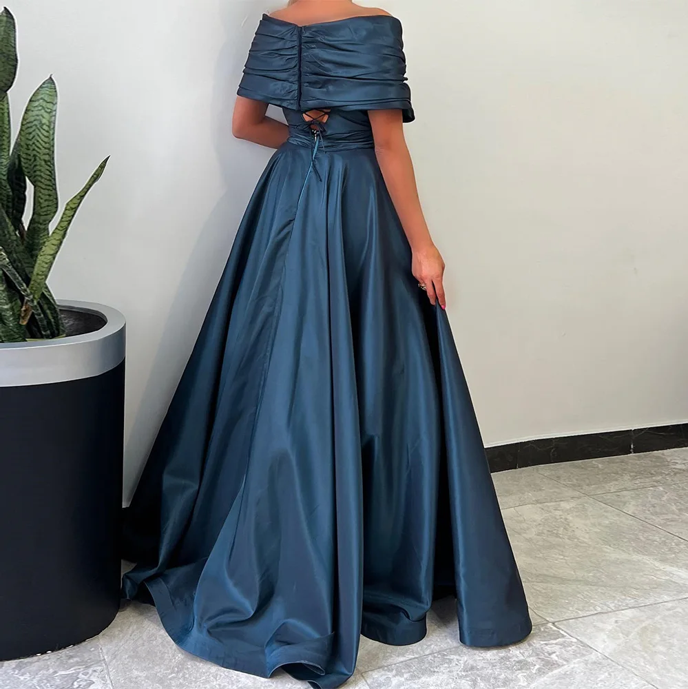 A-Line Off the Shoulder Satin Half Sleeves Formal and Temperament Evening Dresses Pleats Ruched Lace Up Back Saudi Arabia 2024