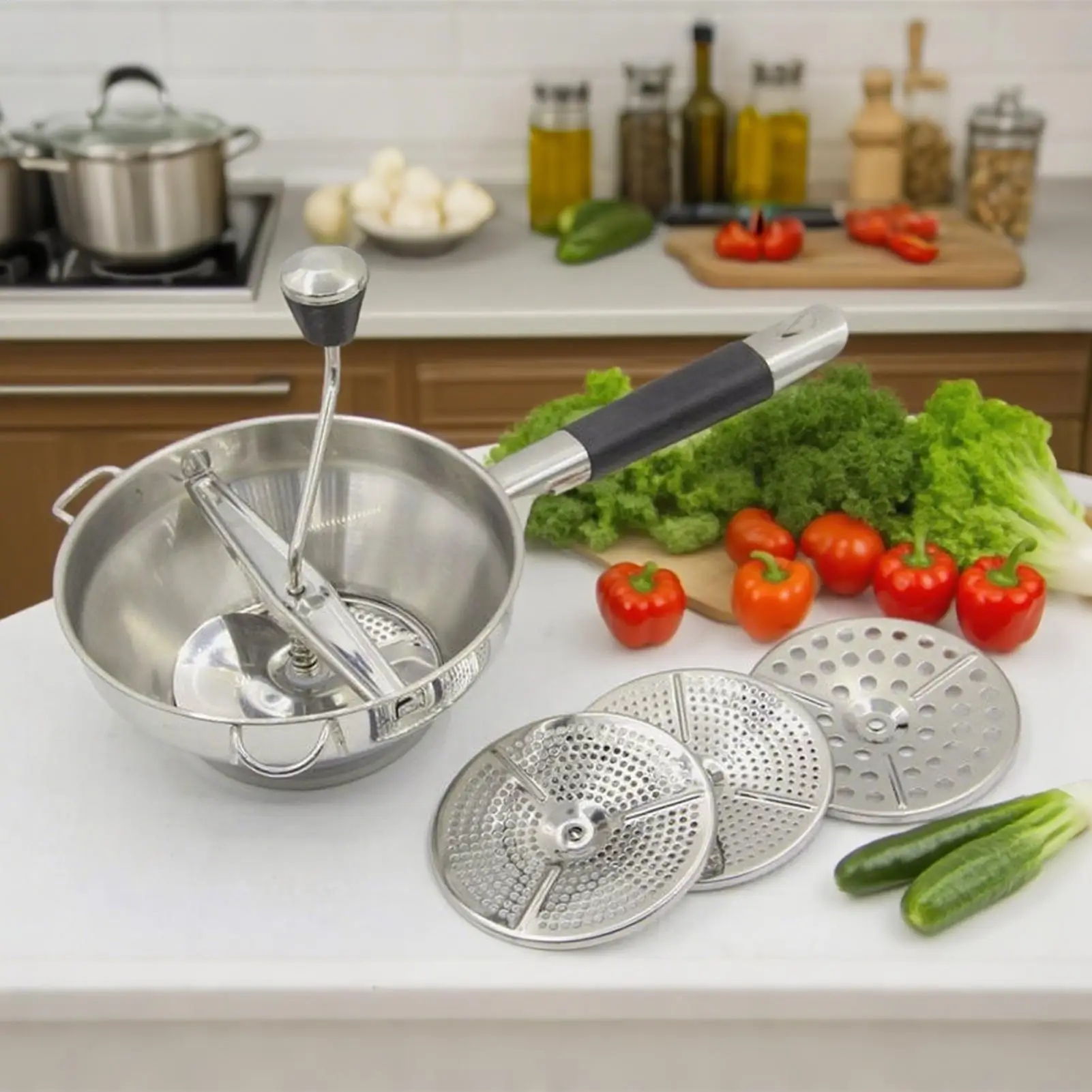 Molinillo de verduras Manual, colador de alimentos de acero inoxidable, triturador de mermelada de patatas y fresas con 3 discos de fresado reemplazables