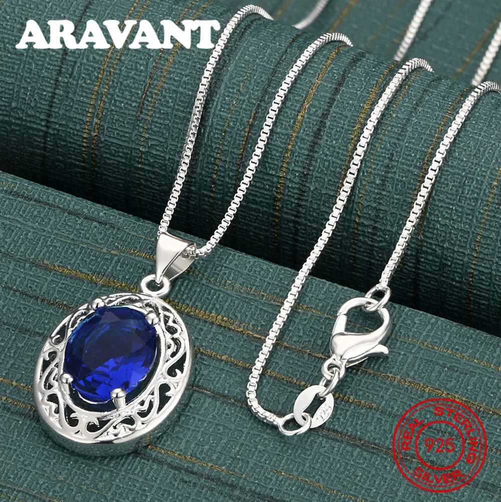 925 Sterling Silver Round Blue Zircon Pendant Necklace For Women, Commuter Accessories, Christmas Gifts, Jewelry