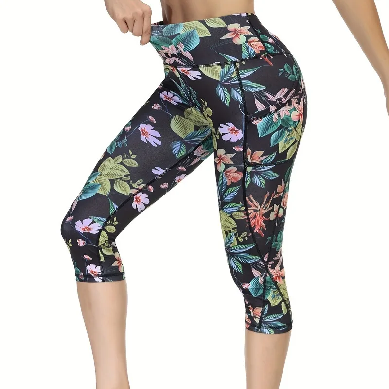 Women Seamless with Pocket Seven Point Pants Yoga Leggings High Waist Hip Liftting Print Gym Workout Elastic Fitness Pants