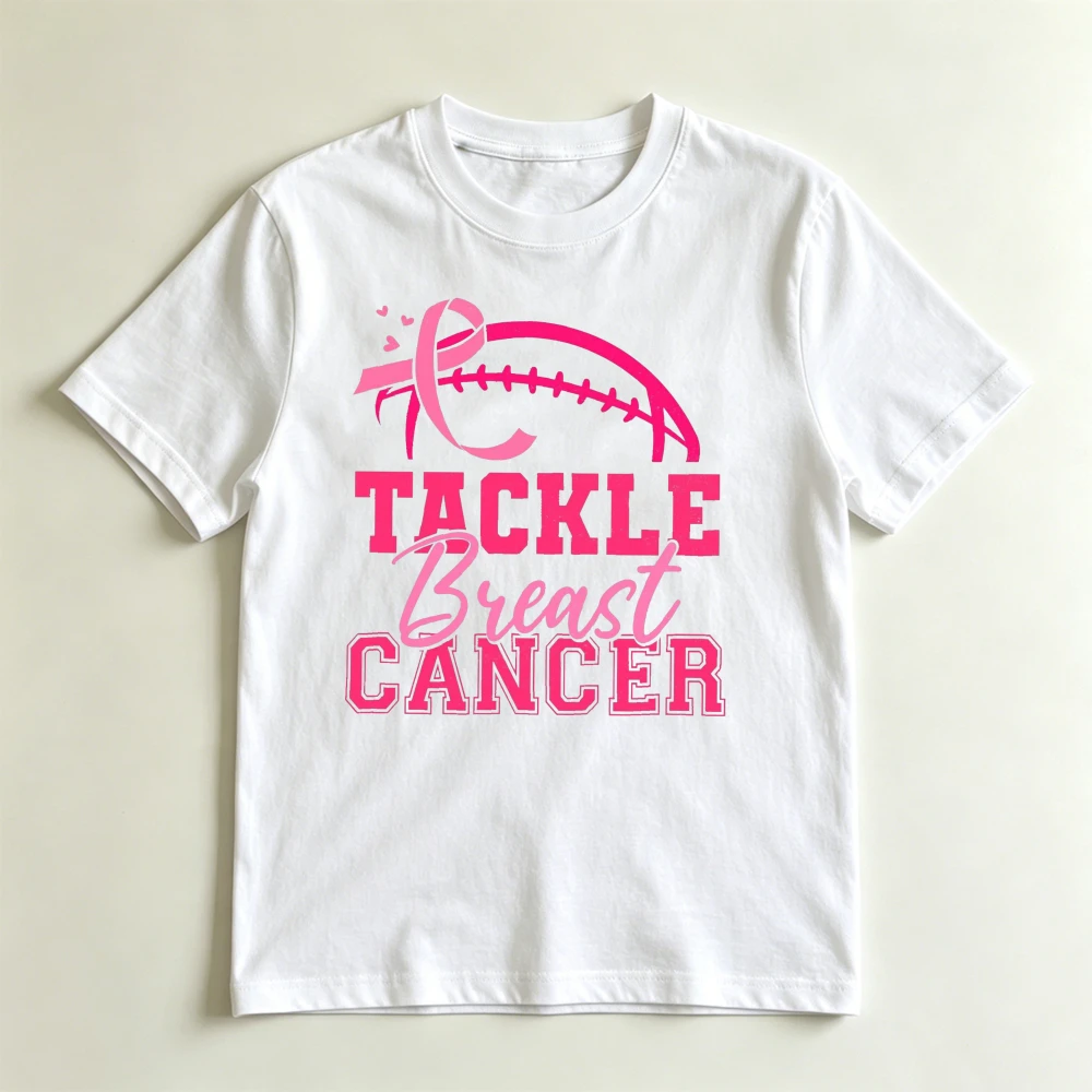 Fußball-Tackle-Brustkrebsempfindlichkeit T-Shirt mit Buchstaben-Print für Damen – Sportliches Grafik-T-Shirt für den Sommer, athletisches Freizeit-Oberteil, Geschenk zur Erinnerung an Überlebende
