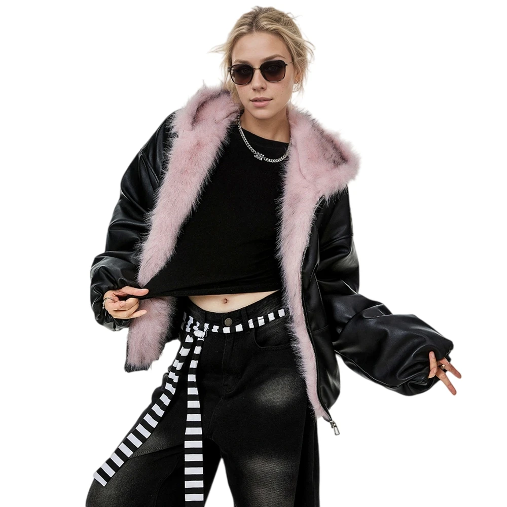 Stylish Pink Plush PU Hooded Jacket For Women Black Faux Leather Women's Windproof Puffer Coat Designer Winter Warm Outerwear