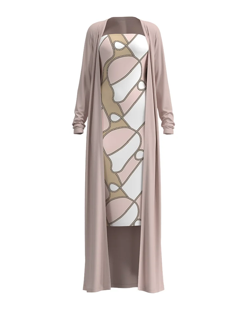 Scarf Print Tube Bodycon Dress With Longline Coat Sexy Bandeau Long Sleeve Mid-Calf Daily Skinny Pre-Fall Spring