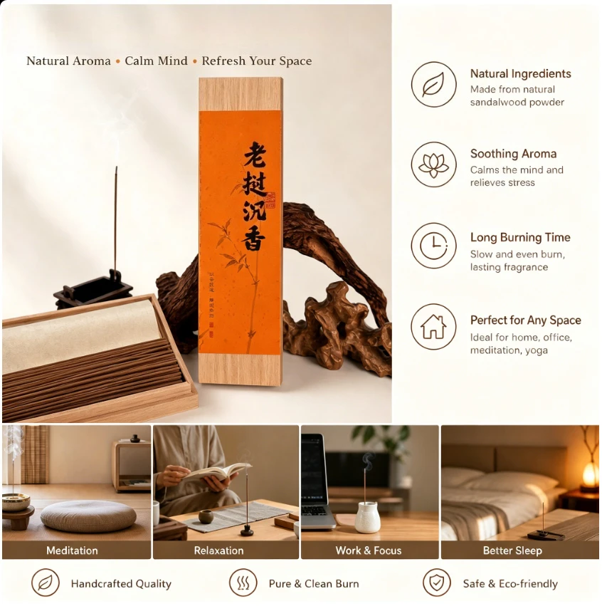 Natural Brunei Agarwood Incense Sticks Handmade Pure Sandalwood Wood Aroma for Meditation Yoga Stress Relief Improve Sleep Long