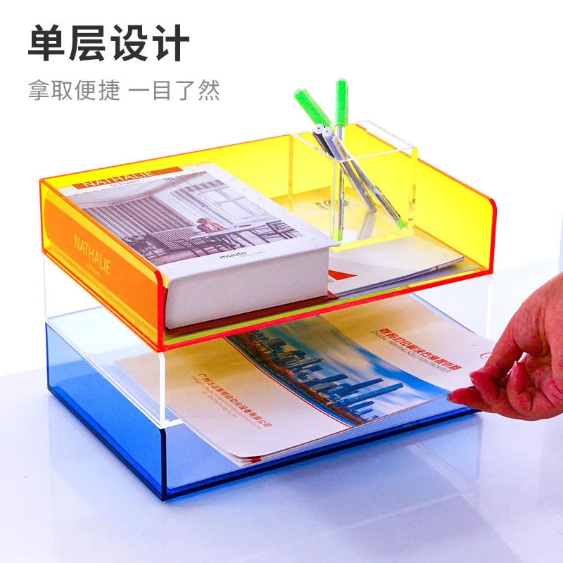 Plateau de classement de bureau A4 en acrylique, organisateur de documents transparent à une seule couche pour le bureau, l'école, la maison, rangement de papier avec couleur