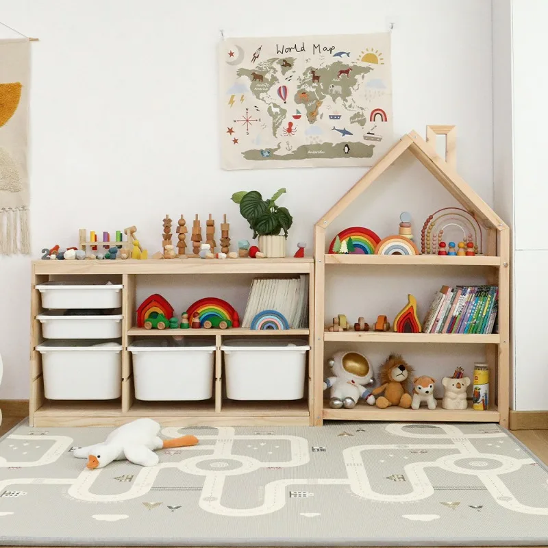 Children's toy storage rack Large capacity bookshelf Shelf Locker Baby toy storage cabinet Solid wood