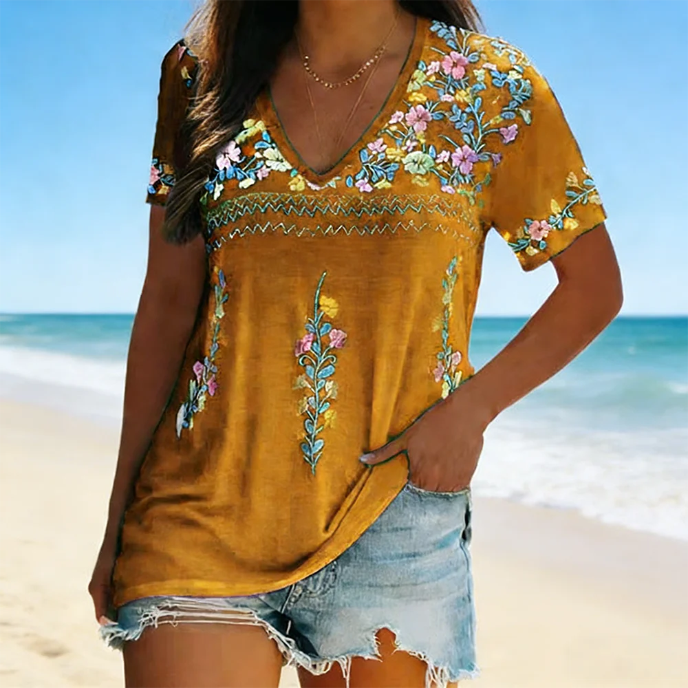 2026 New European & American Women's Summer Collection | Bohemian Printed V-Neck Short Sleeve T-Shirt