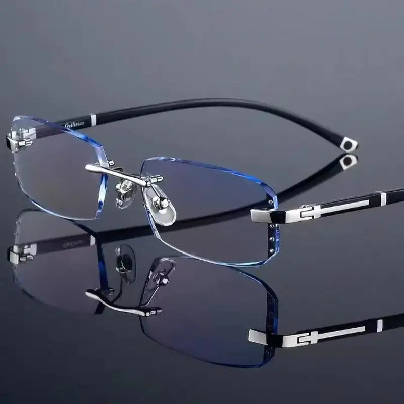 Modische rahmenlose Lesebrille mit Schnittkante, photochrome Anti-Blaulicht-Brille, modische Brille für Herren und Damen